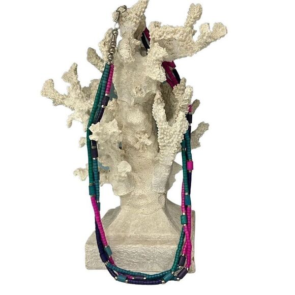 Triple Strand Beaded Necklace Multicolor Disc Beads Colorblock Silver-tone Hook - Picture 4 of 7